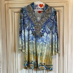 Blue V Christina print top with bling